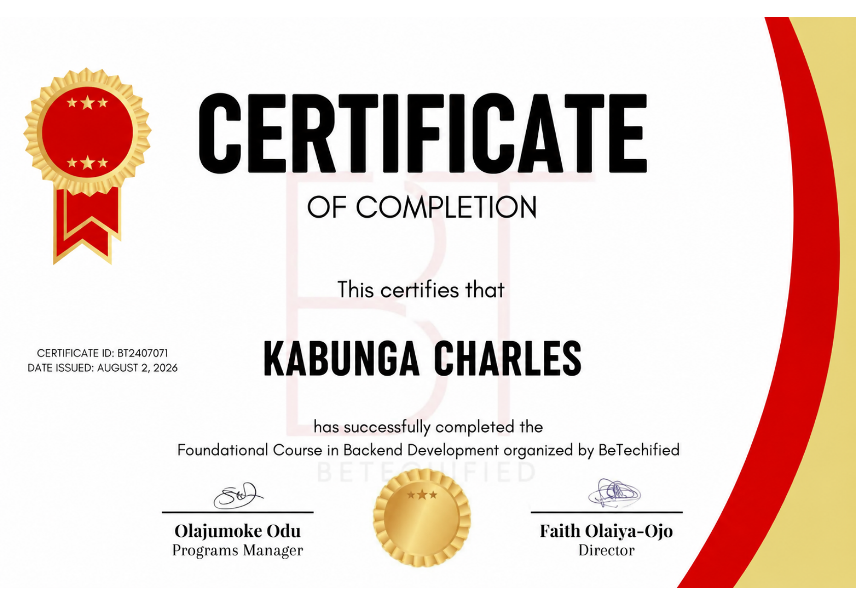 Foundation of Back End Development certificate